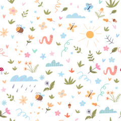 Gordijnen Seamless pattern featuring cute insects and diverse flowers on a white background. Ideal for children s fabrics and decor © robu_s