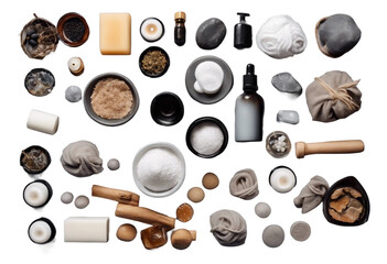 Various spa related objects on gray background top view
