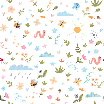 Seamless pattern featuring cute insects and diverse flowers on a white background. Ideal for children s fabrics and decor