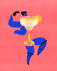 Sweet and sour cocktail with lemon and drawn female character dancing against pink background. Contemporary art collage. Concept of party, cocktail menu, alcohol drinks, celebration. Poster.