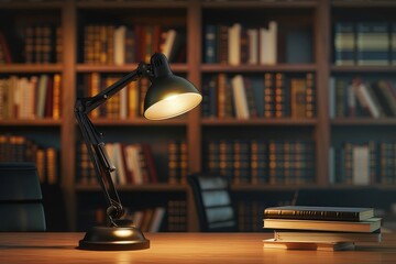 Desk Lamp on a Wooden Table in a Library with Bookshelves Full of Books
