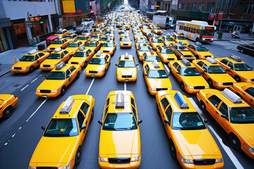 Vibrant yellow taxi fleet crowding urban street in citywide strike. Flat lay, top view. Concept:...
