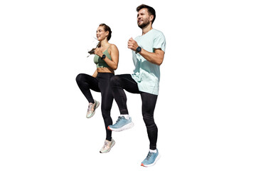 People are positive friends fitness workout warm-up in sportswear. Isolated transparent background.