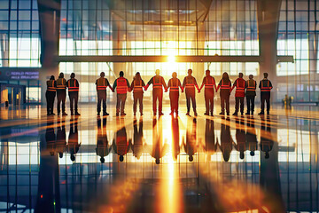 Airport workers holding hands in a show of unity in solidarity at sunrise, modern airport terminal. Strike. Concept: better working conditions, city life, the fight for change, reform.