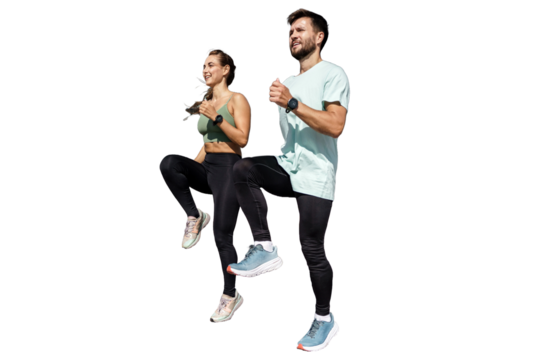 People are positive friends fitness workout warm-up in sportswear. Isolated transparent background.