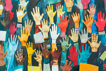 Colorful abstract collage of raised hands in a multitude of colors, art mural for unity. Concept: solidarity, strike, rights engagement, social movements, reform.
