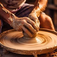 A close-up of a potter shaping clay on a wheel.