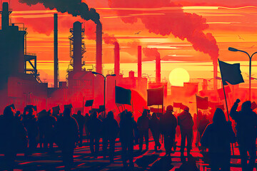 Artistic illustration capturing industrial workers protesting against pollution with a dramatic sunset and factory silhouettes in the background. Strike. Concept: better working conditions, reform.