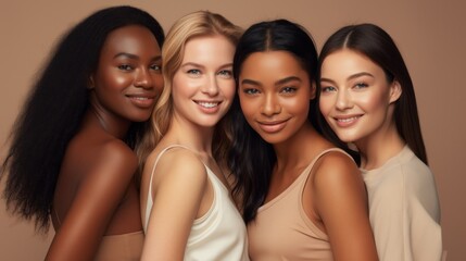 Obraz premium Close-up group portrait of multiracial diverse beautiful young women with radiant smooth skin, well-groomed faces on a beige background. Cosmetics, Care, Cream, Natural Beauty concepts.