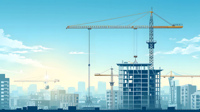 Building Under Construction With Tower Crane Industry, Vector Illustration