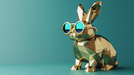 3D Stylized Geometric Rabbit in Gleaming Gold With Sunglasses With Blue-Tinted Lenses, Against A Blue Background. Contemporary And Chic Visual For Success