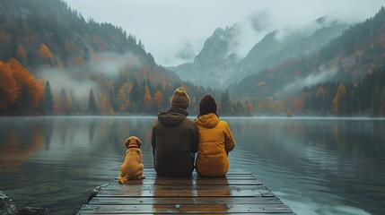 Family with small yellow dog resting on a pier