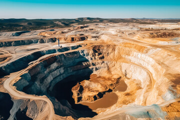 An expansive aerial vista reveals an active opencast mining quarry bustling with heavy machinery in operation, captured from a commanding perspective above.