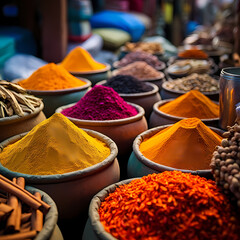 A collection of colorful spices in a market.