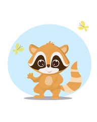 Cute illustration with baby raccoon of summer. Vector illustration with watercolor little animals. Kids illustration. Perfect for print, packing, stickers and any DIY.