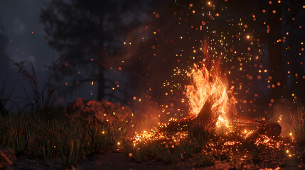 A burning bonfire with sparks lights up the night. - obrazy, fototapety, plakaty