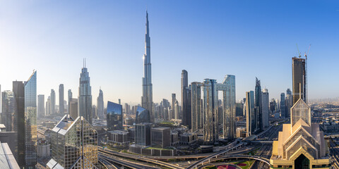 Dubai Burj Khalifa skyline tallest building in the world panorama top view downtown - obrazy, fototapety, plakaty