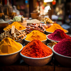 A collection of colorful spices in a market.