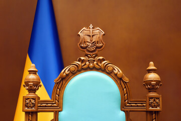 Constitutional Court of Ukraine law justice system. Empty chair judge Ukraine flag in courtroom background. Trial court scales of justice symbol Ukraine justice reform