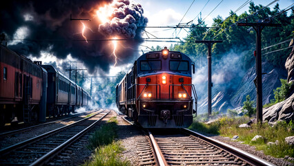 Train on train track with lot of smoke coming out of it. - obrazy, fototapety, plakaty