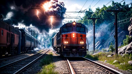 Photo sur Aluminium Chemin de fer Train on train track with lot of smoke coming out of it.