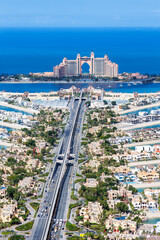 Dubai The Palm Jumeirah with Atlantis Hotel artificial island from above portrait format