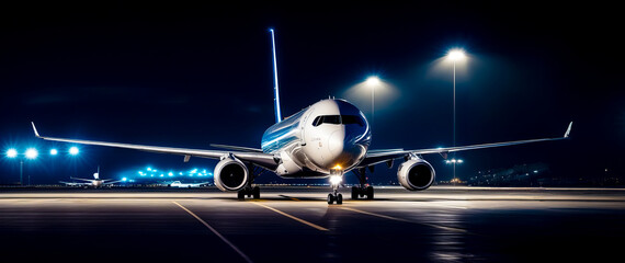Large jetliner sitting on top of airport tarmac at night.