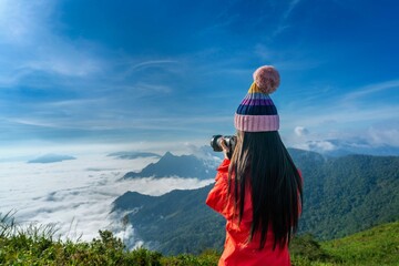 Tourist Taking Photographs With Digital Camera Mountains Phu Chi Fa Mountains Chiang Rai Thailand