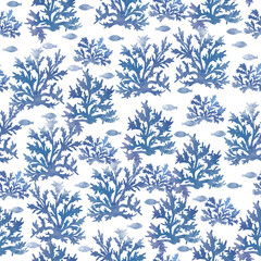 Sea fish with the corals of under ocean in watercolor style. Seamless pattern blue watercolor style