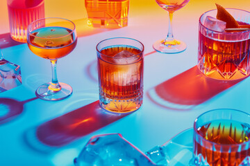 A colorful table full of fancy cocktails with a vintage advertisement style.