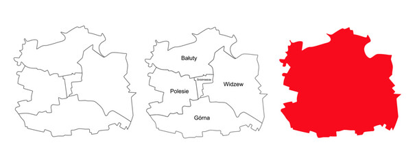 Map of Lodz and its districts. Vector silhouette of the city of Lodz