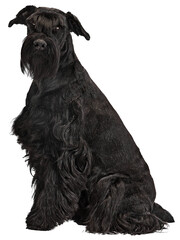 Adorable, black, furry dog, purebred Riesenschnauzer calmly sitting isolated on transparent...