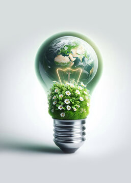 Glowing lightbulb with green grass and flowers inside, environmental concept