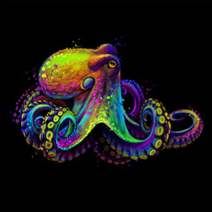 Abstract, neon, multicolored portrait of an octopus  on a black background.