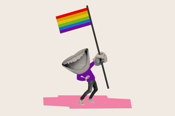 Creative abstract сollage activist man holding lgbt rainbow flag support parade homosexual mouth...
