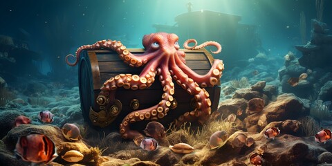 Octopus with treasure chest and gold coins rests on ocean floor. Concept Seaside Adventure, Underwater Exploration, Mythical Creatures, Ocean Treasures, Marine Life Discovery - obrazy, fototapety, plakaty