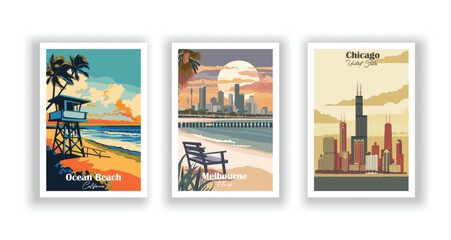 Obraz premium Chicago, United States. Melbourne, Florida. Ocean Beach, California - Vintage travel poster. Vector illustration. High quality prints