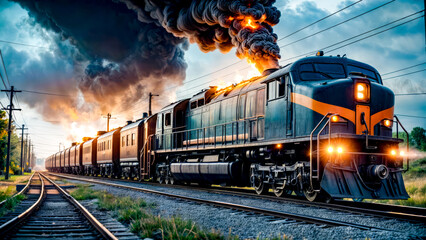 Train on train track with sky background and clouds in the background. - obrazy, fototapety, plakaty