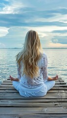 Serene young woman meditating on a wooden pier by the lake to enhance mental well being