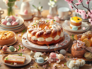 Obraz na płótnie Canvas Table de fête printanière richement garnie avec diverses pâtisseries et friandises de Pâques. 