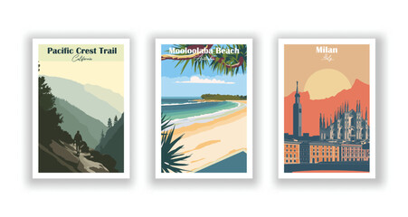 Milan, Italy. Mooloolaba Beach, Australia. Pacific Crest Trail, California - Vintage travel poster. Vector illustration. High quality prints - obrazy, fototapety, plakaty