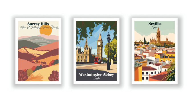 Surrey Hills. Westminster Abbey, London. Seville, Spain - Vintage travel poster. Vector illustration. High quality prints