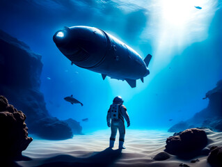Obraz premium Man in space suit standing in front of submarine in the ocean.