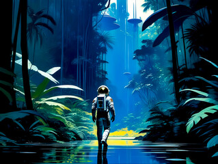 Man in space suit walking through forest filled with palm trees.