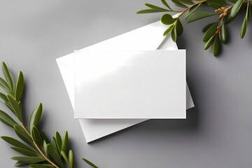 Blank sheet of paper with green leaves, Business card mockup