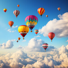 A row of colorful hot air balloons in the sky.