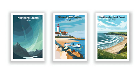 Northern Lights, Iceland. Northumberland Coast. Shoreham-On-Sea, England - Vintage travel poster. Vector illustration. High quality prints