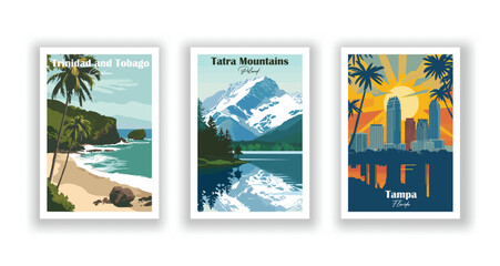 Tampa, Florida. Tatra Mountains, Poland. Trinidad and Tobago, Caribbean - Vintage travel poster. Vector illustration. High quality prints - obrazy, fototapety, plakaty