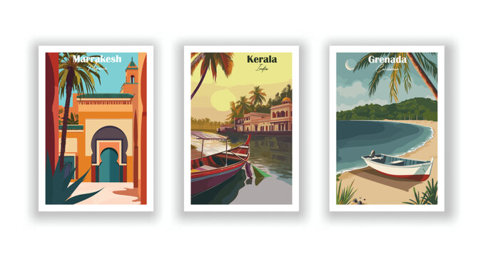 Grenada, Caribbean. Kerala, India. Marrakesh, Morocco - Vintage travel poster. Vector illustration. High quality prints