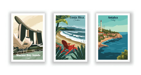 Obraz premium Antalya, Turkey. Costa Rica, Caribbean. Marina Bay Sands, Singapore - Vintage travel poster. Vector illustration. High quality prints